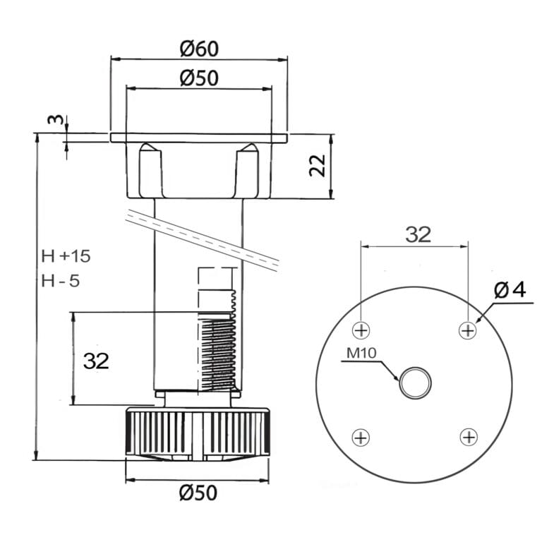 Picior plastic reglabil